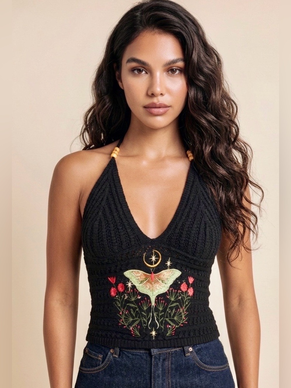 Woman’s Summer Fairycore/Goth Black Halter Knit Embroidered Crop Top M